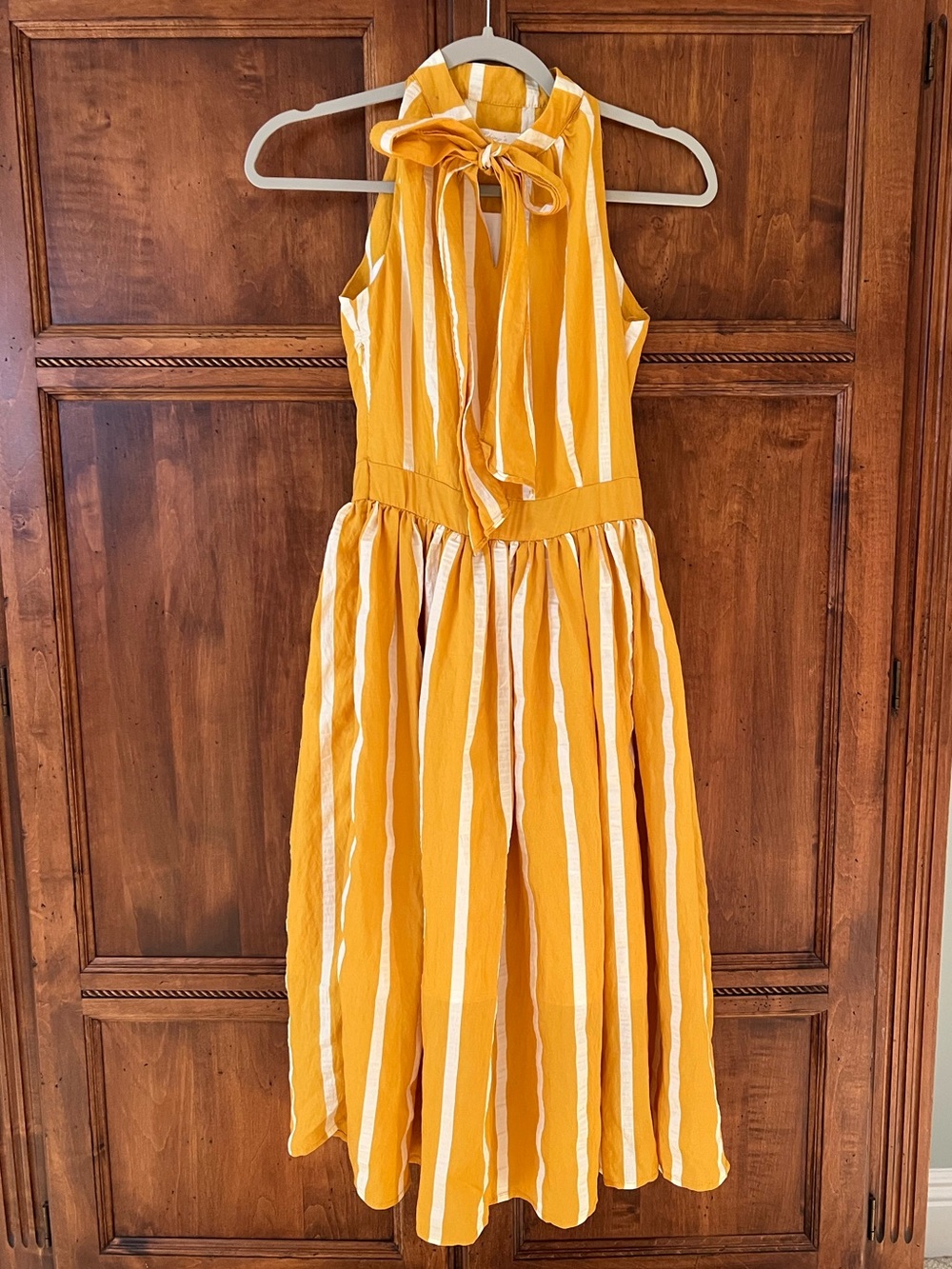 Yellow & white striped halter midi dress | tie-neck | A-line | Size XS